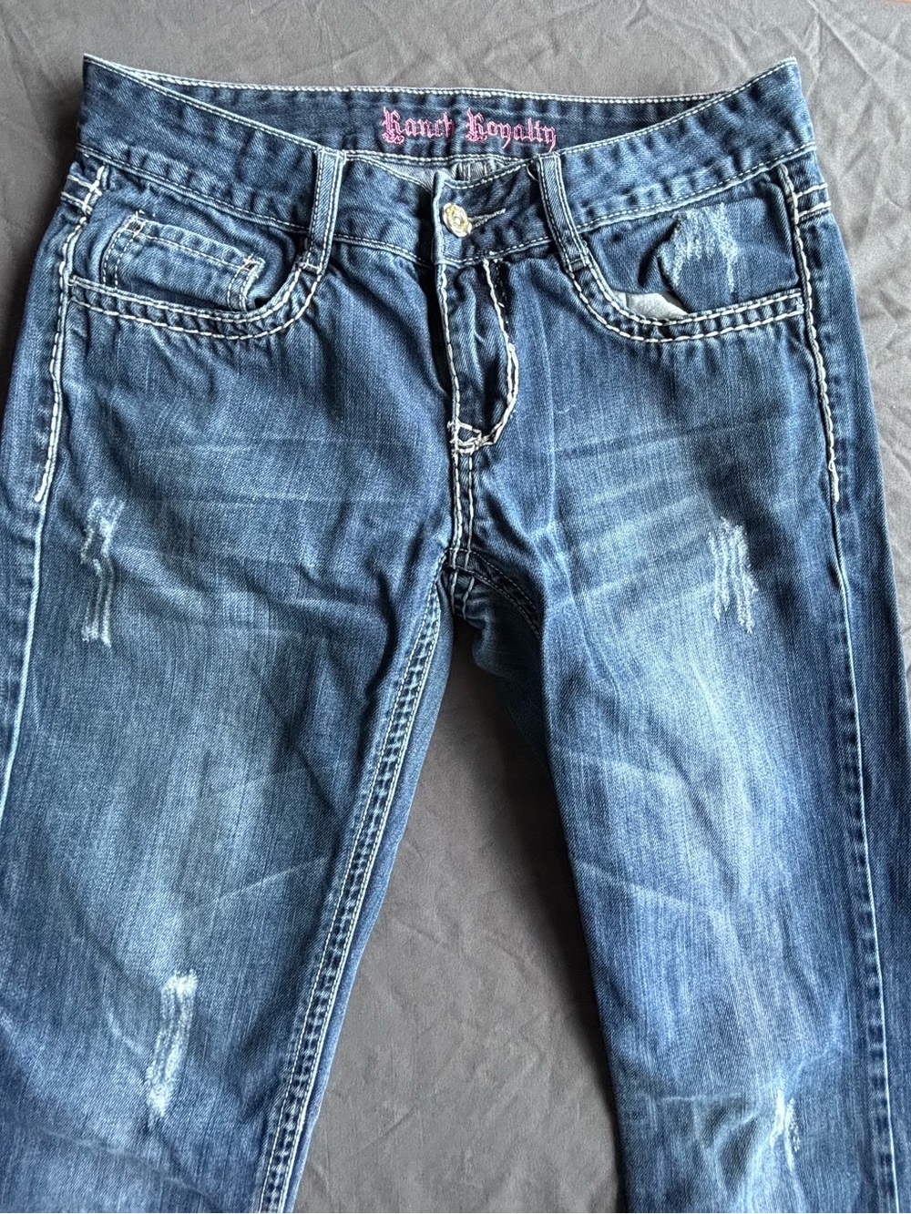 Royalty For Me Women's Boot-Cut Jeans in Blue with Pink Embroidery